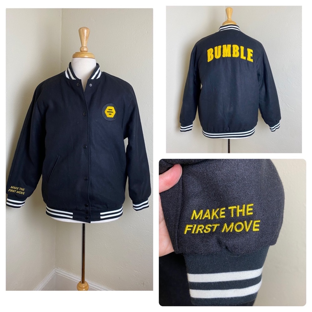 NEW Bumble Social Dating App Black Quilted Bomber Varsity Jacket Snap M L NWT!